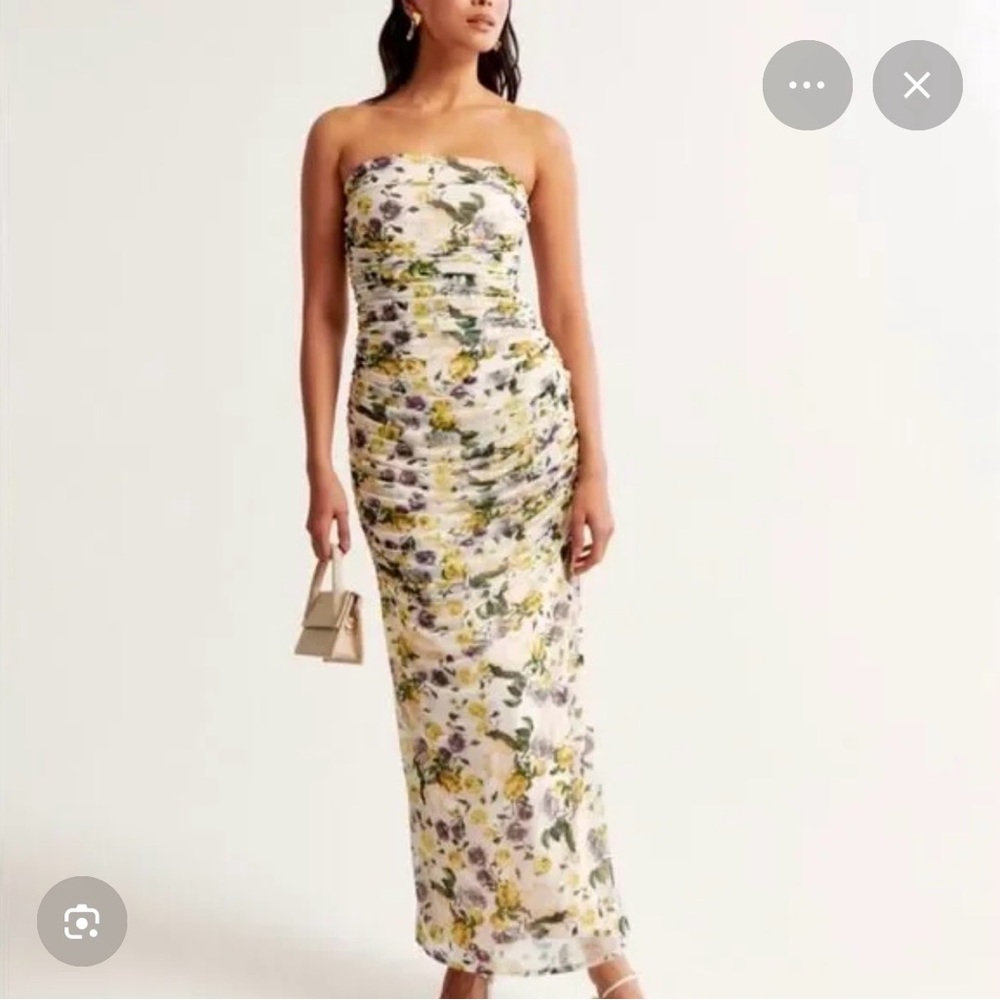 Abercrombie & Fitch Strapless Floral Ruched Maxi Dress - White, Yellow, Green